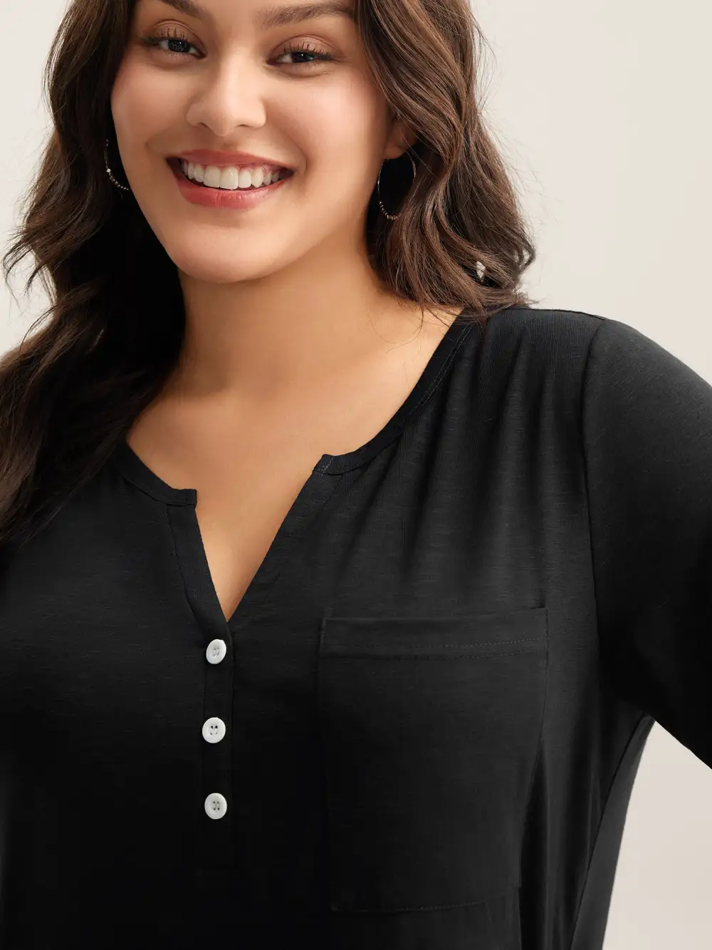 Solid Split Neck Button Detail T-Shirt