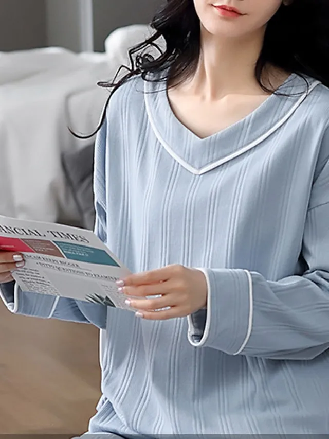 Women's Pajamas Nighty Pjs Sets 2 Pieces Pure Color Fashion Simple Comfort Home Daily Bed Cotton Breathable Gift V Wire Long Sleeve Pant Elastic Waist Basic Spring Fall Black Light Green