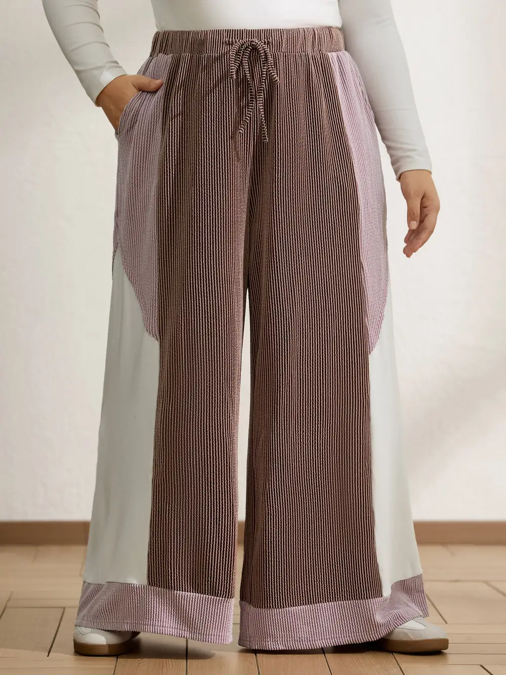 Colorblock Waist Drawstring Wide-Leg Pants