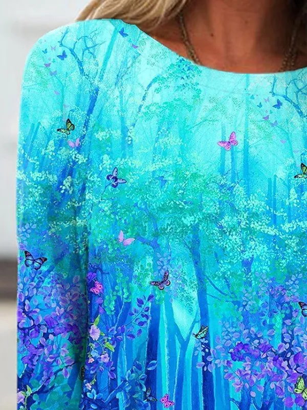 Women's T shirt Tee Tunic Blue Graphic Floral Scenery Print Long Sleeve Holiday Weekend Vintage Tunic Basic Round Neck Regular Fit Floral Painting Plus Size Fall & Winter