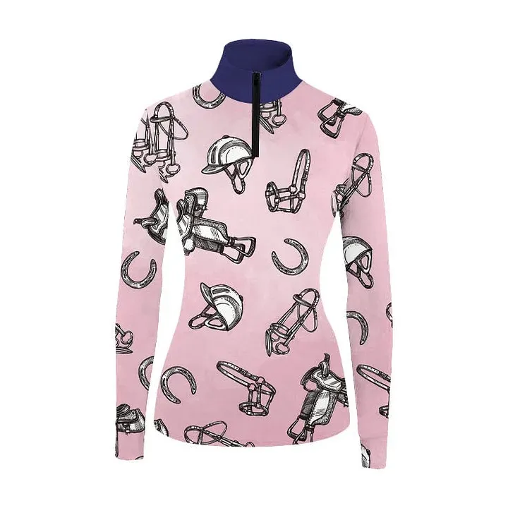 Horseshoes Women's Equestrian Style Harness Print Long Sleeve Casual Shirt