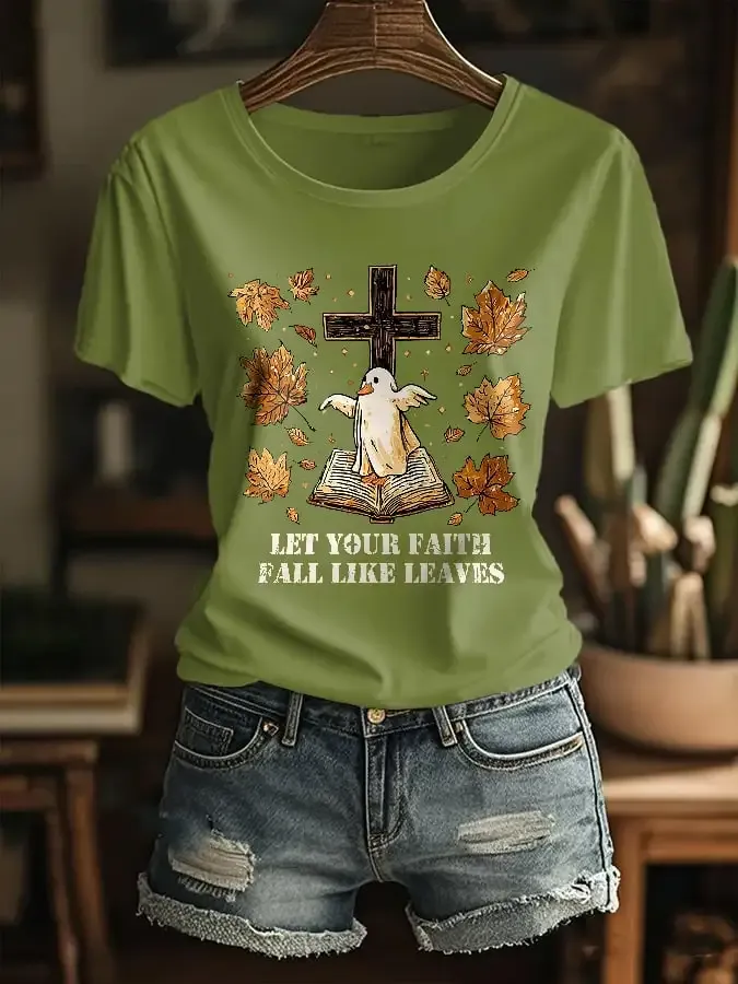 Women's Fall For Jesus He Never Leaves Print T-Shirt