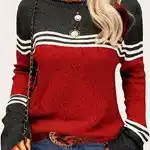 Color Block Boat Neck Knitted Top, Casual Long Sleeve Pullover Sweater For Fall & Winter, Women's Clothing