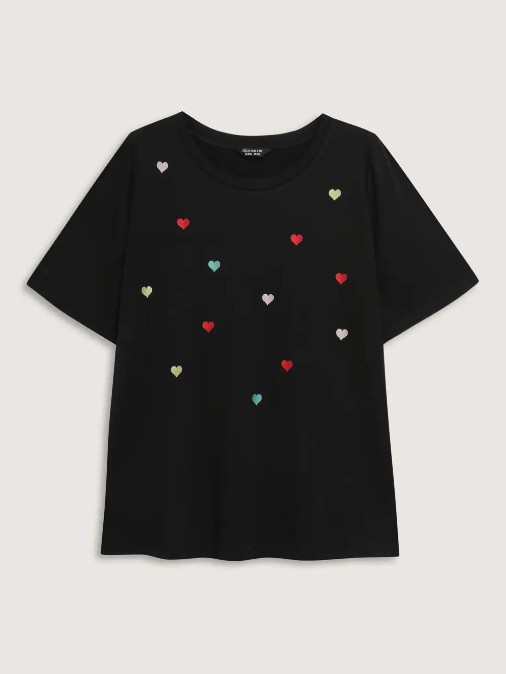 Embroidered Hearts Stretchy Round Neck T-Shirt
