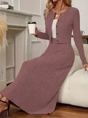 Women's 2pcs Set, Casual Crew Neck Long Sleeve Knit Cardigan And Maxi A-Line Dress, Solid Color Polyester Knit Fabric, Stretch Fit, Fall/Winter Collection