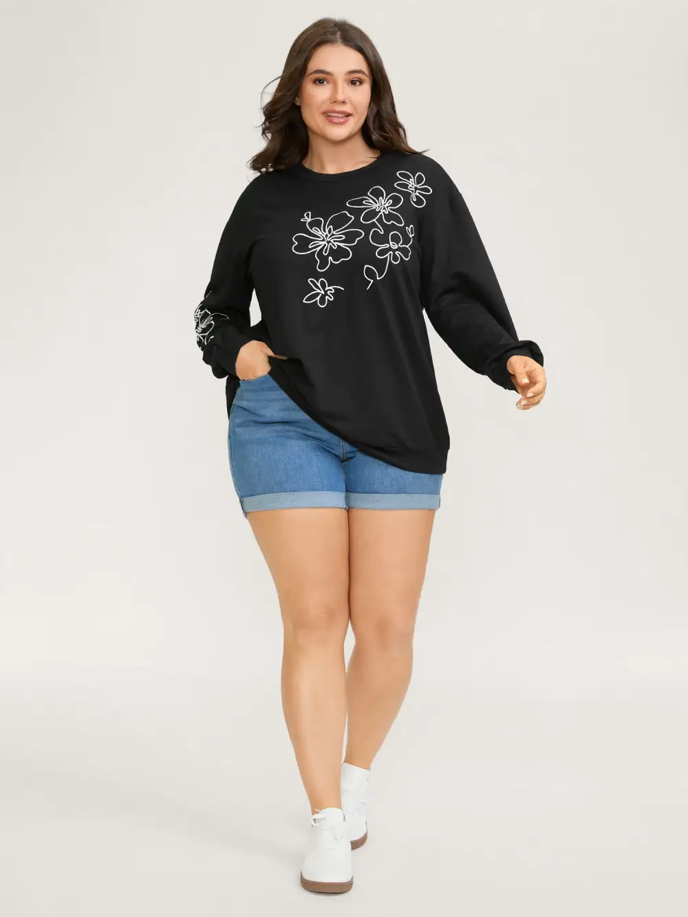 Floral Embroidery Print Relaxed Fit Sweatshirt