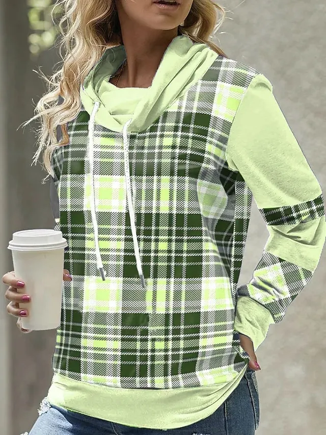 Women's Hoodie Sweatshirt Pullover Sports Basic Drawstring Red Blue Purple Plaid Street Casual Hoodie Long Sleeve Top Micro-elastic Fall & Winter