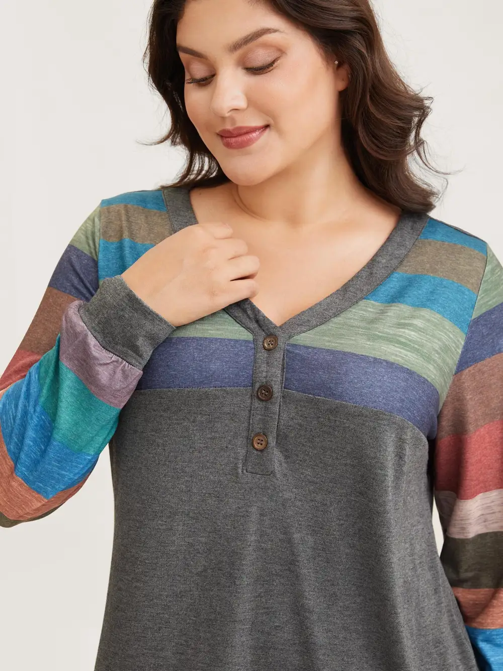 Colorblock Contrast V Neck Button Up T-shirt