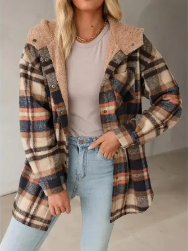 Flannel Hooded Plaid Shacket - Button-Down Thick Fleece-Lined Fuzzy Winter Coat
