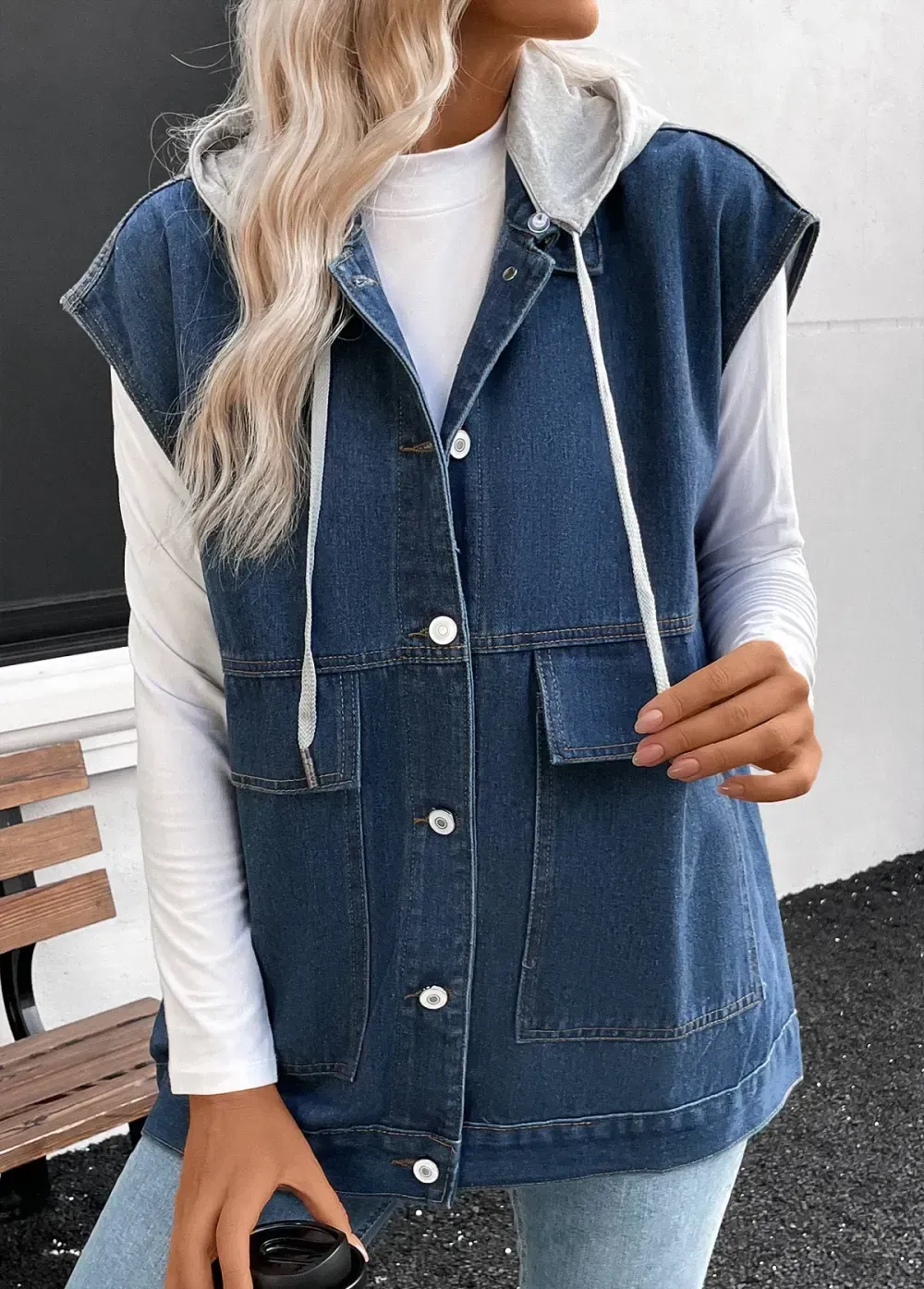 Denim Blue Patchwork Sleeveless Hooded Waistcoat