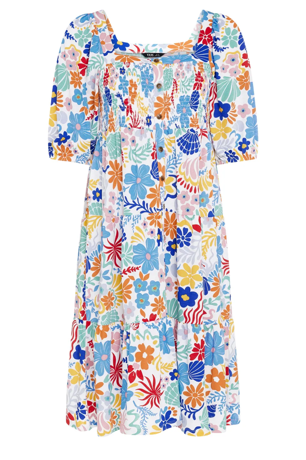 YOURS Curve White Floral Print Button Front Tiered Midi Dress
