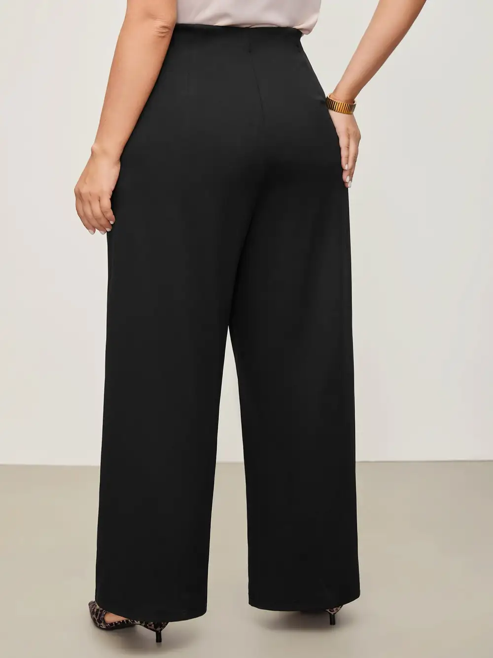 Solid Elastic Waist Pleated Wide Leg Pants