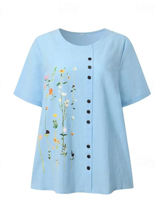 Women's Shirt Linen Shirt Blouse Floral Graphic Daily White Short Sleeve