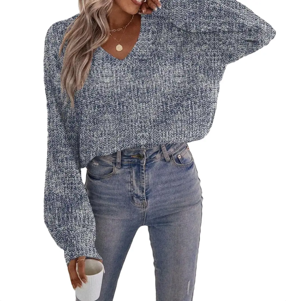 Casual Plain V neck Pullovers Long Sleeve Brown Women Sweaters (Women's)