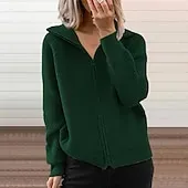 Women's Cardigan Fashion Solid Color Ribbed Shirt Collar Zipper Knitted Long Sleeve Regular Tops Knit Outdoor Daily Holiday Black Green Fall