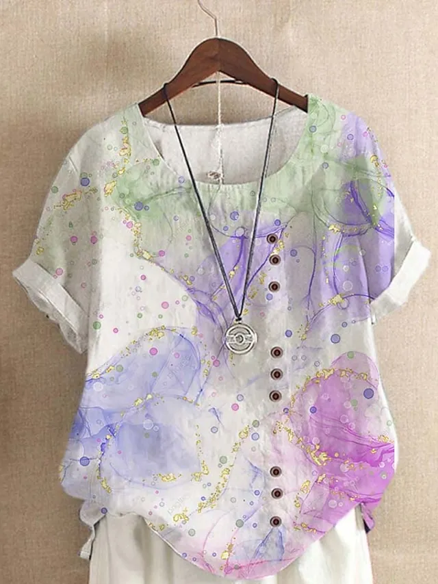 Women's Shirt Blouse Floral Button Print Casual Holiday Basic Short Sleeve Round Neck Yellow