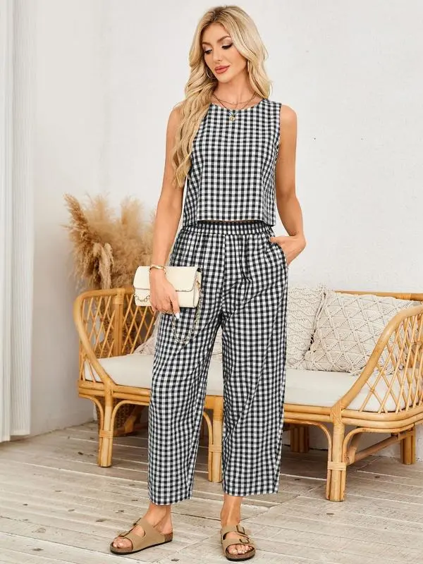 Women's Plaid Tank Top & Pants Set – Casual Sleeveless Summer Two-Piece Outfit