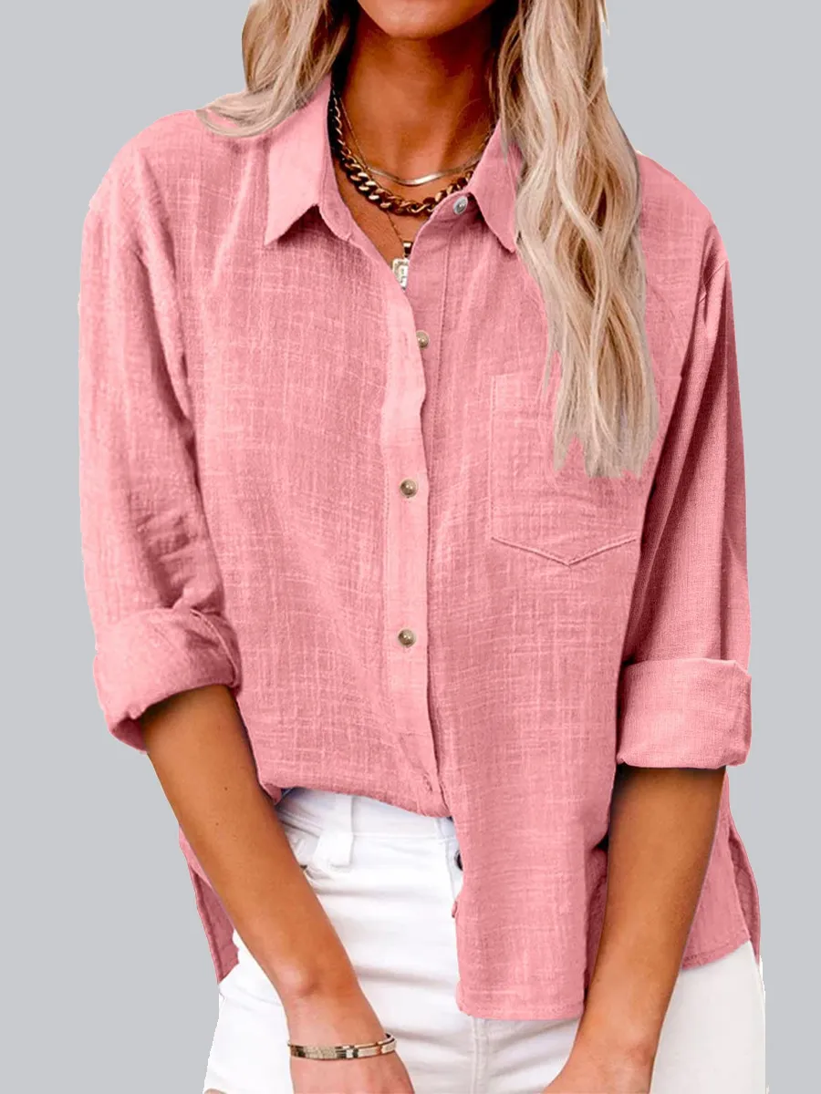 Casual Solid Color Lapel Pocket Long Sleeve Shirt