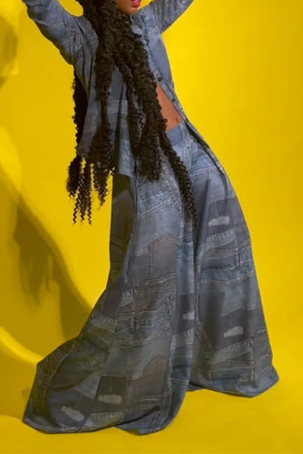 Imitation Denim Print Wide-Leg Pant Set