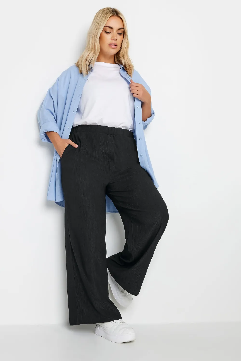 YOURS Curve Khaki Green Textured Wide Leg Trousers