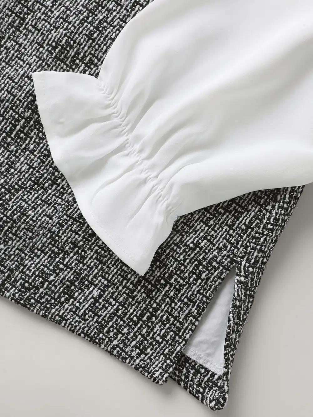 Tweed Patchwork Lantern Sleeve Blouse