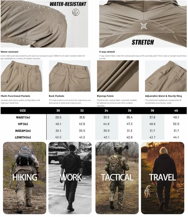 Men's Tactical Cargo Pants – 9 Pockets, Ripstop, Water-Repellent