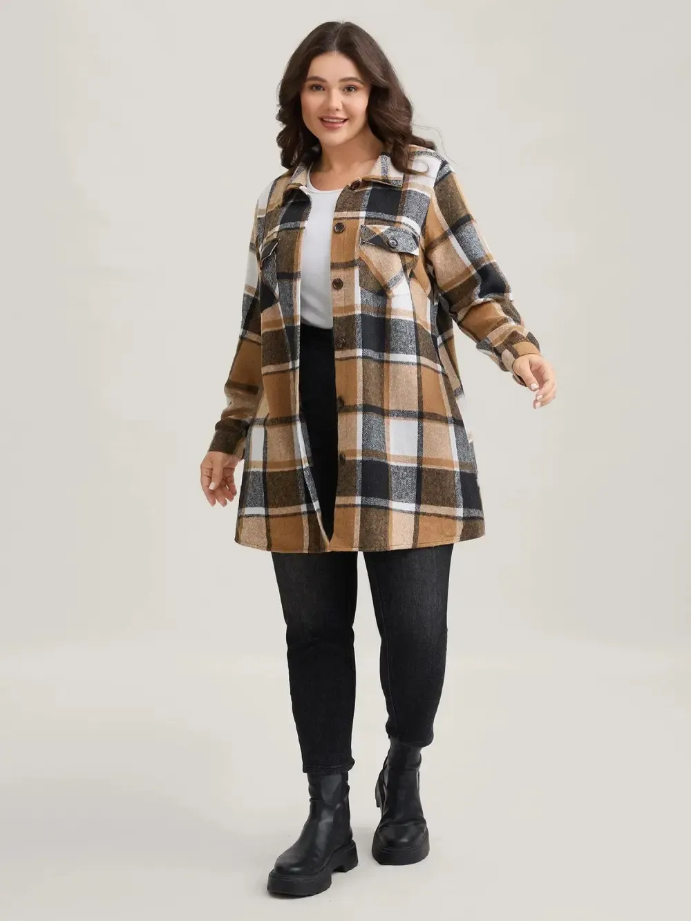 Plaid Chest Pockets Long Jacket