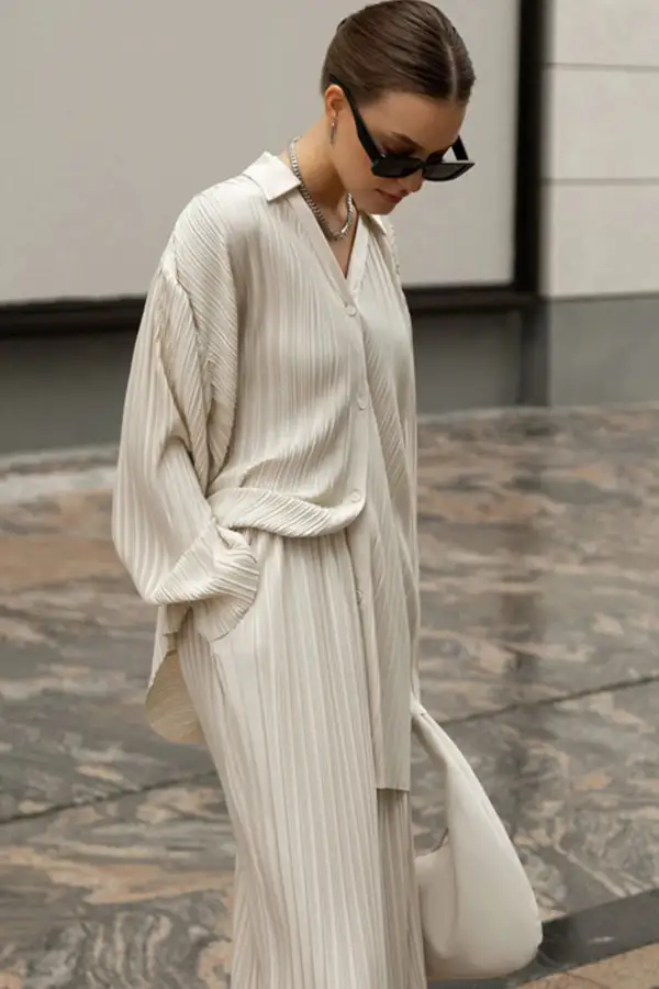 Beige Pleated Shirt Long Pants Set