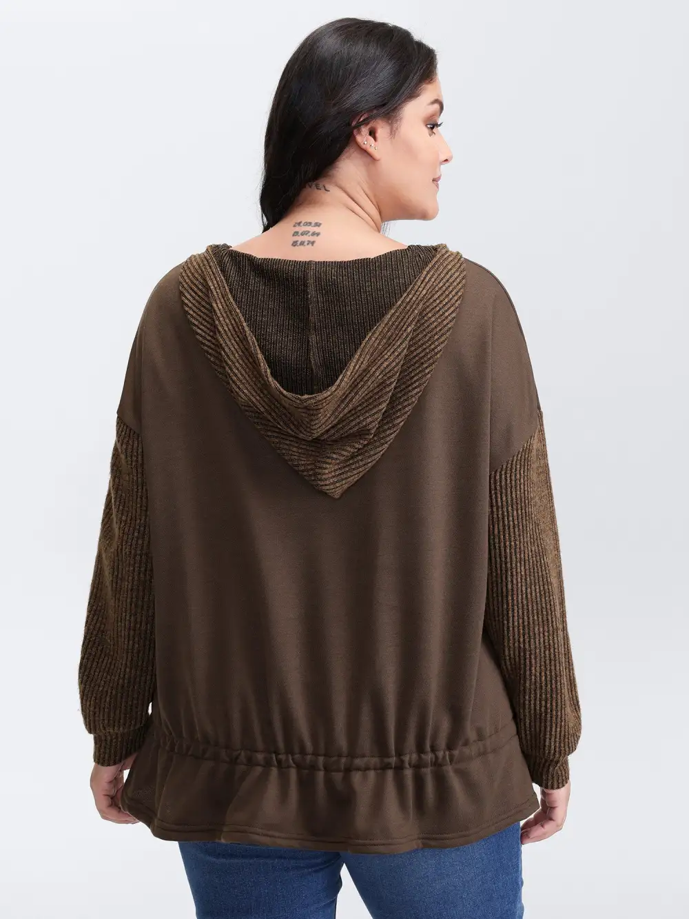 Drawstring Mixed Material Button Hoodie