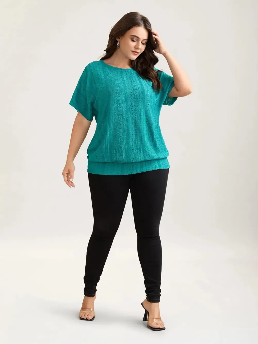Eyelet Trim Stretchy Textured Plain Top