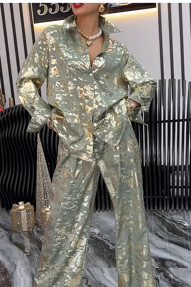 Women's fashion hot stamping casual top and pants two-piece set