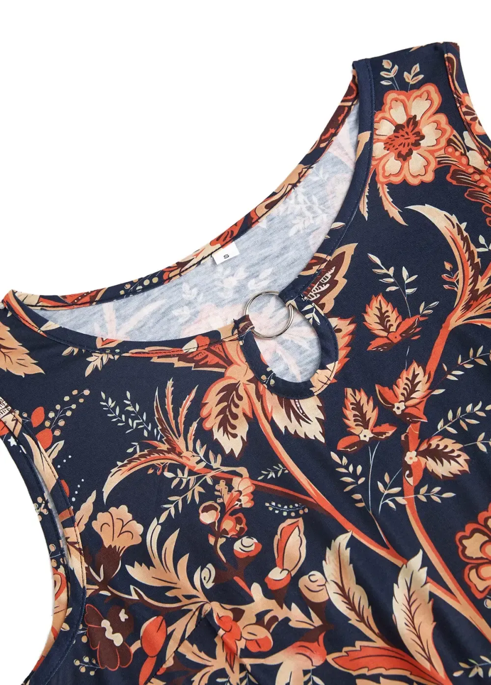 Dark Blue Circular Ring Floral Print Sleeveless Dress