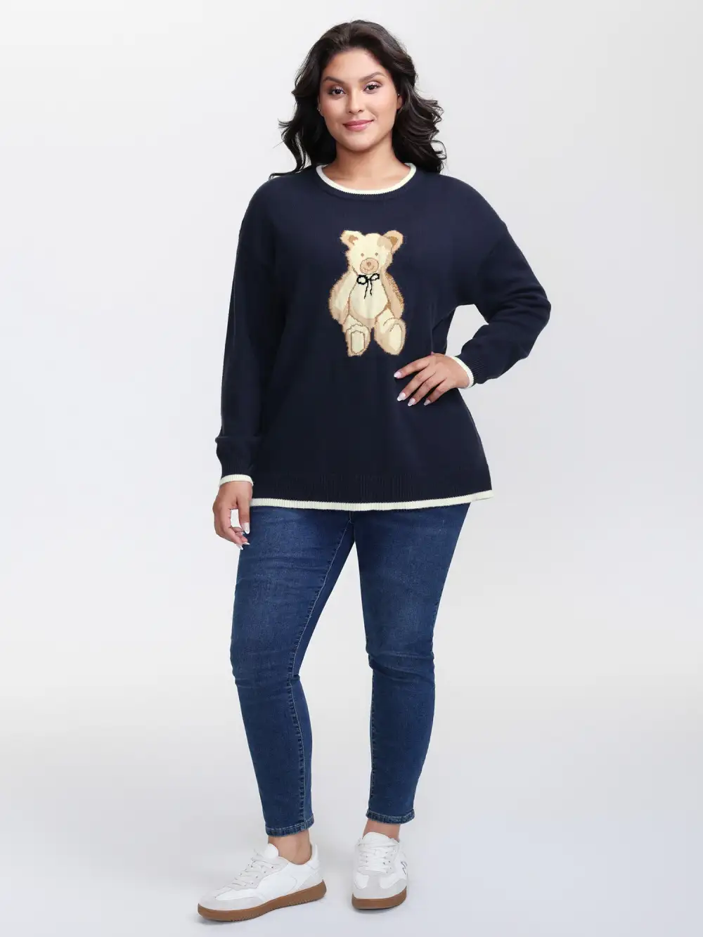 Bear Motif Jacquard Color Contrast Pullover