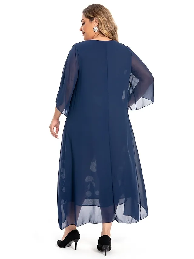 Women‘s Plus Size Curve Work Dress Floral V Neck Ruched 3/4 Length Sleeve Spring Summer Work Elegant Midi Dress  Layered Formal Vacation Dress Wedding Guest Dress