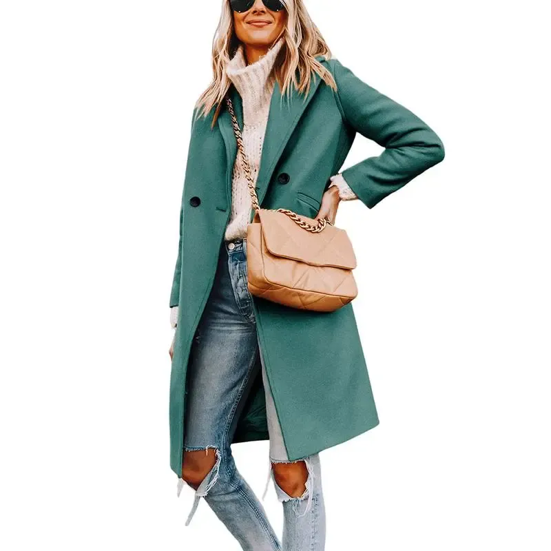 Women's Winter Notch Lapel Double Breasted Wool Blend Mid Long Pea Trench Coat