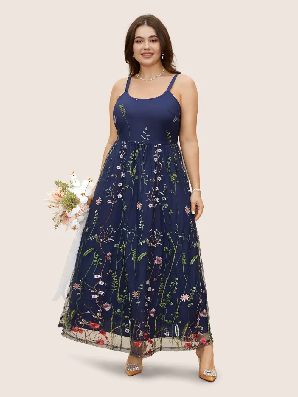 U Neck Floral Embroidered Mesh Cami Dress