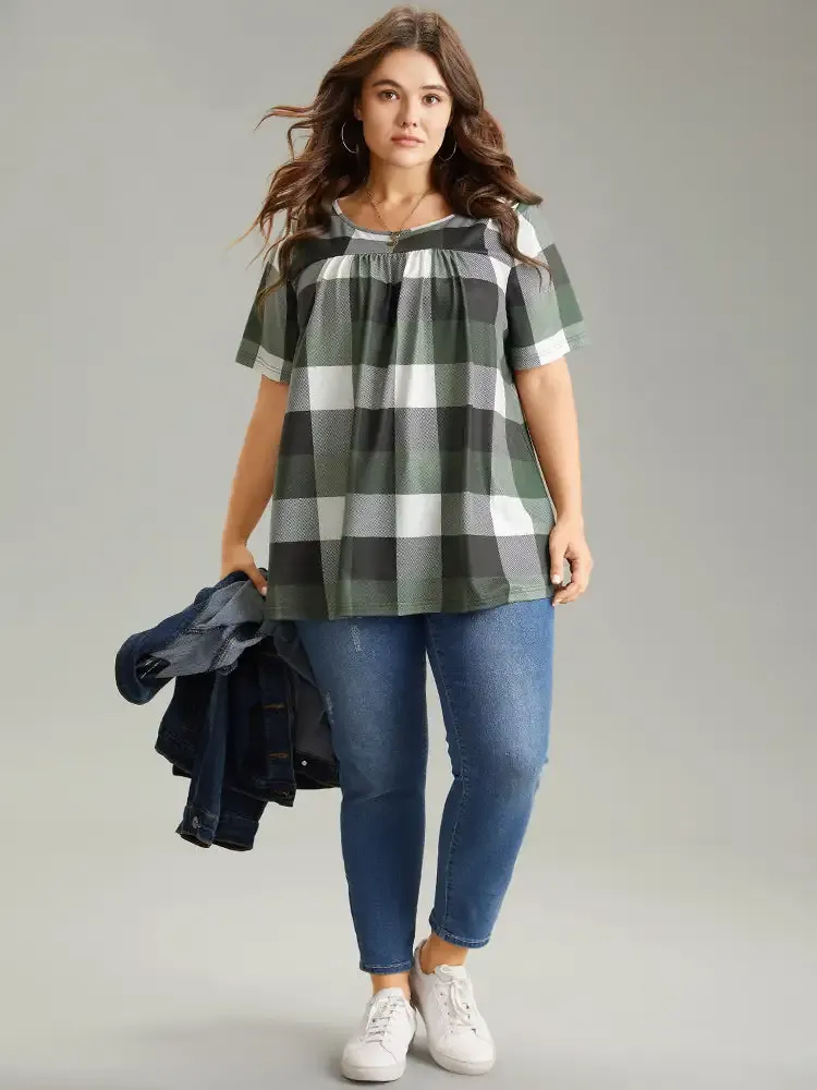 Plaid Round Neck Gathered T-Shirt