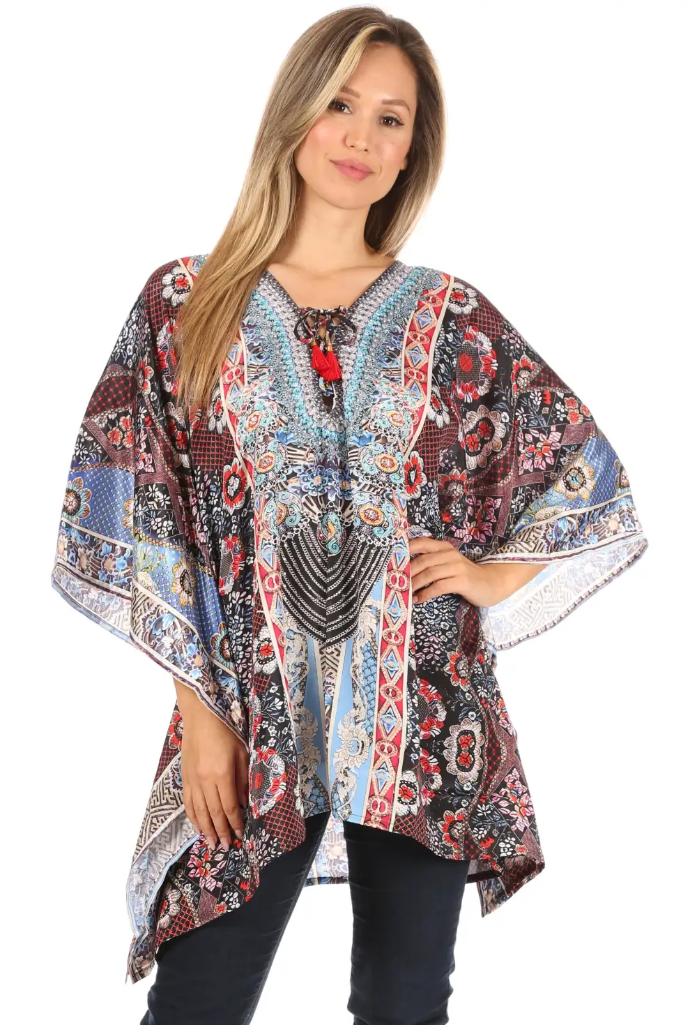 Women's Caftan Poncho Cover up V neck Top Lace up With Rhinestone