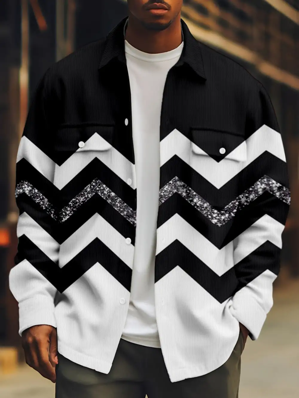 Men's Corduroy Geometric Retro Print Shirt Jacket