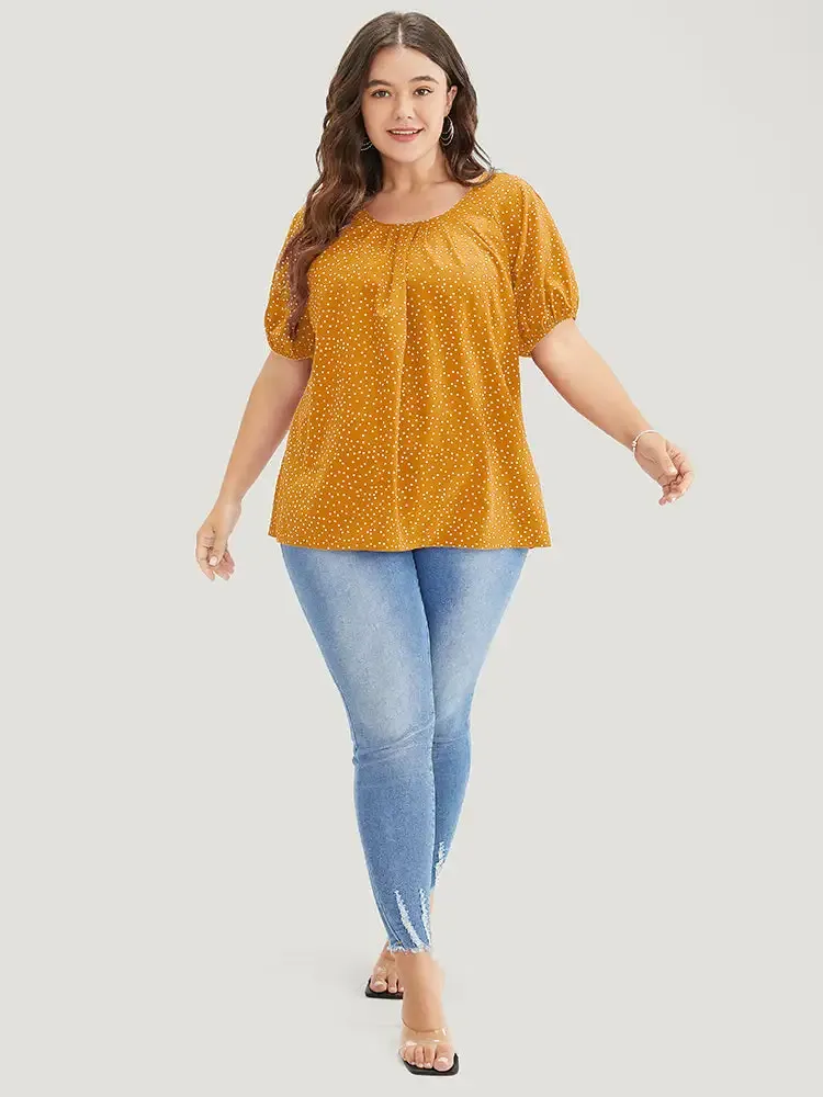 Polka Dot Pleated Round Neck Puff Sleeve Blouse