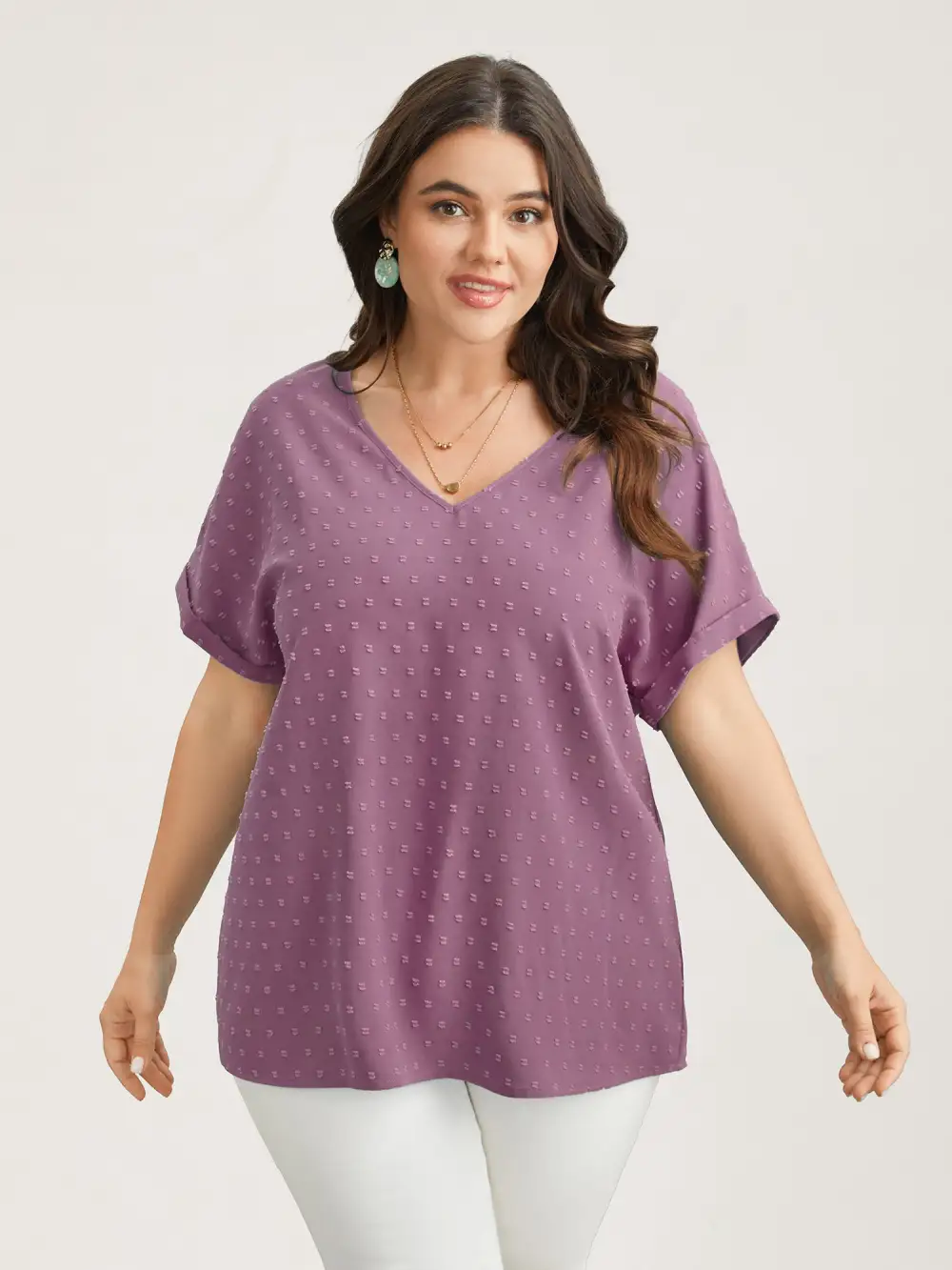 Back-Button Textured V-Neck Shirt