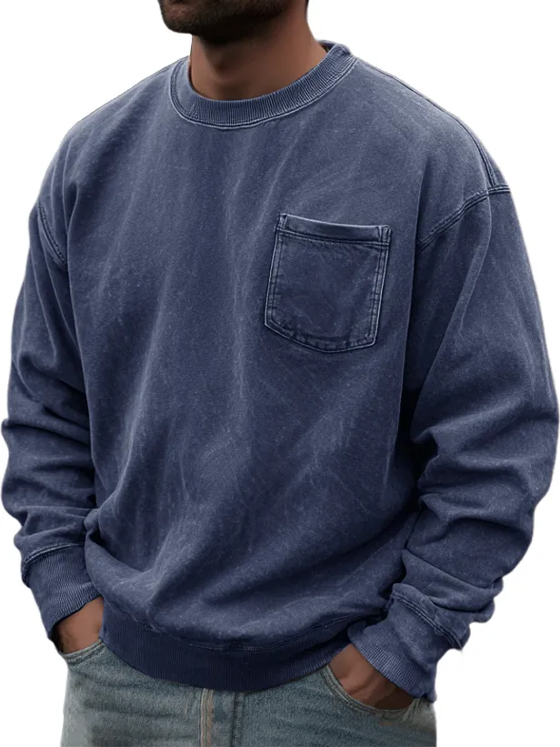 Men's Washed And Distressed Retro Casual Round Neck Pocket Basic Sweatshirt