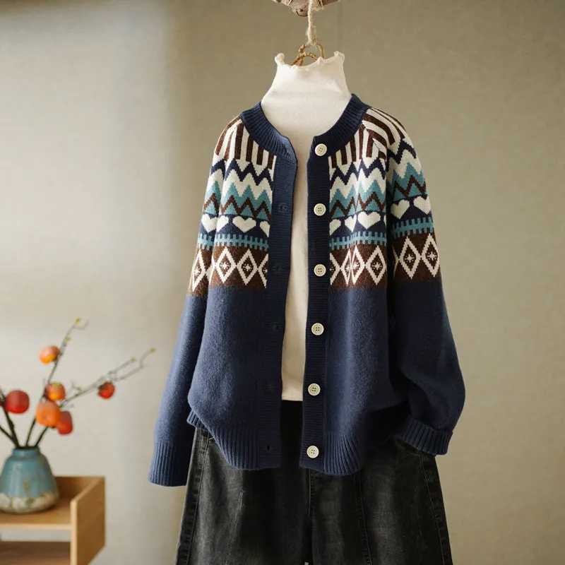 Vintage Geometric Jacquard Round Neck Button Sweater Cardigan