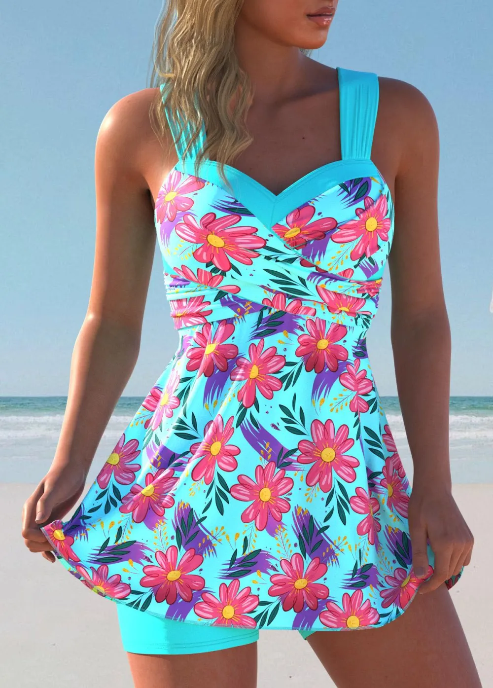 Criss Cross Cyan Floral Print Swimdress and Shorts