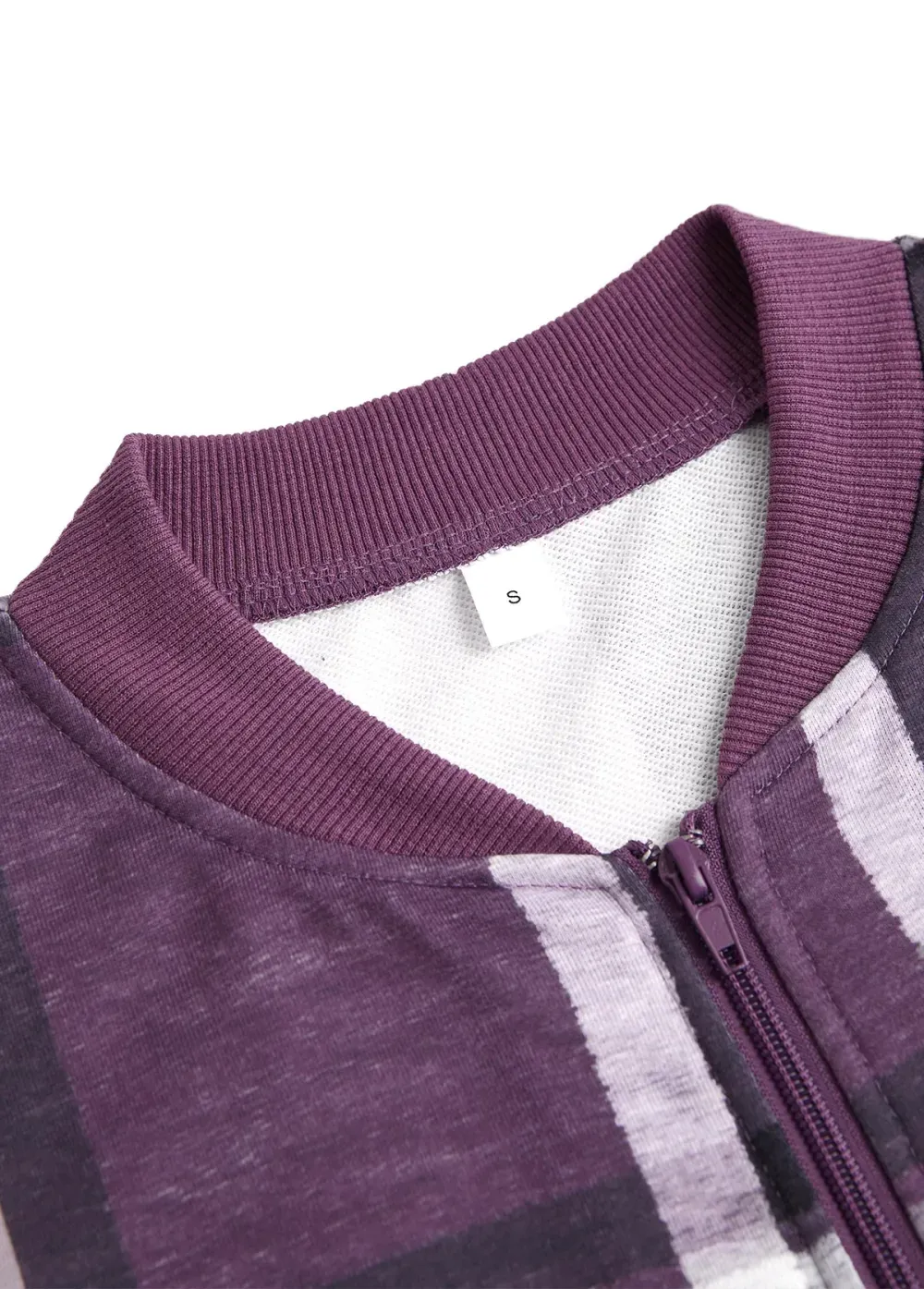 Purple Zipper Plaid Long Sleeve Stand Collar Jacket