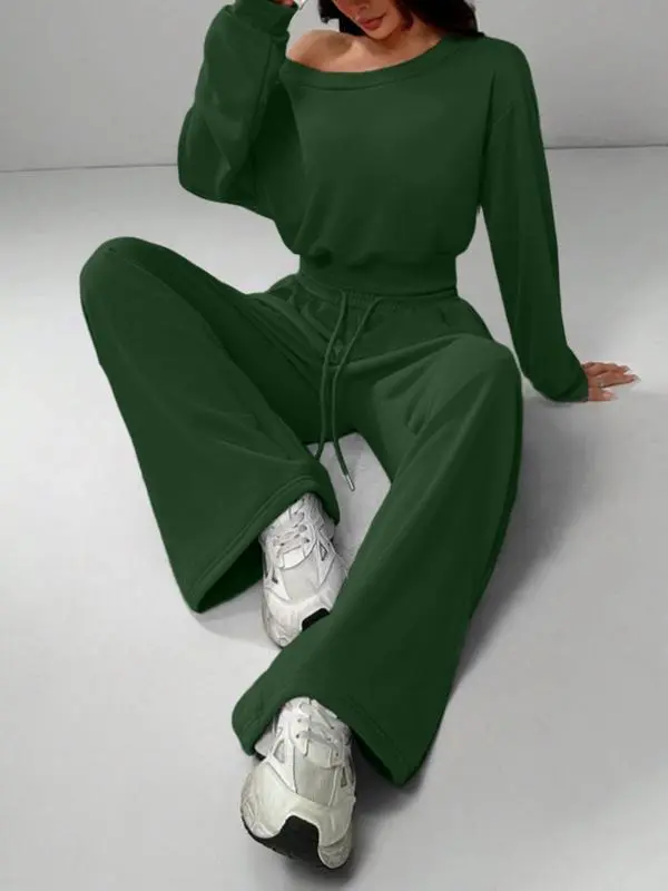 Women's Solid One-Shoulder Hoodie Set: Loose Knit, Long Sleeve Short Top