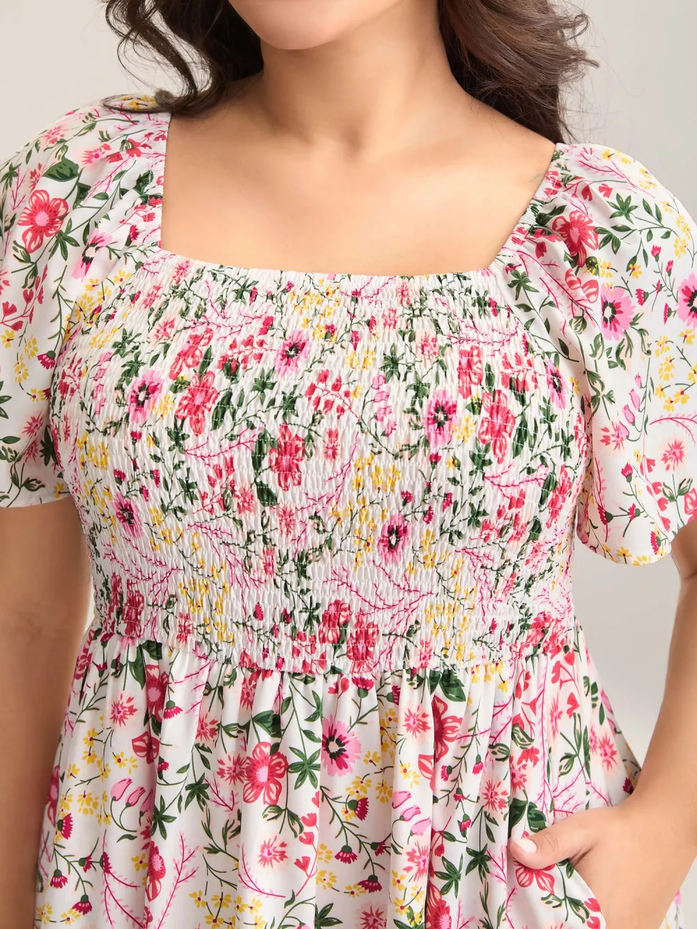 Floral Shirred Square Neck Pocket Midi Dress