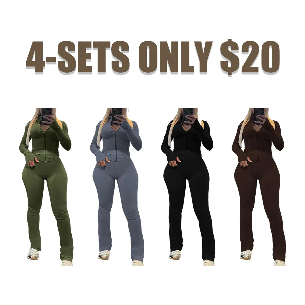 Two-piece Set Women's Solid Zip Up Crop Top & High Waist Skinny Pants
