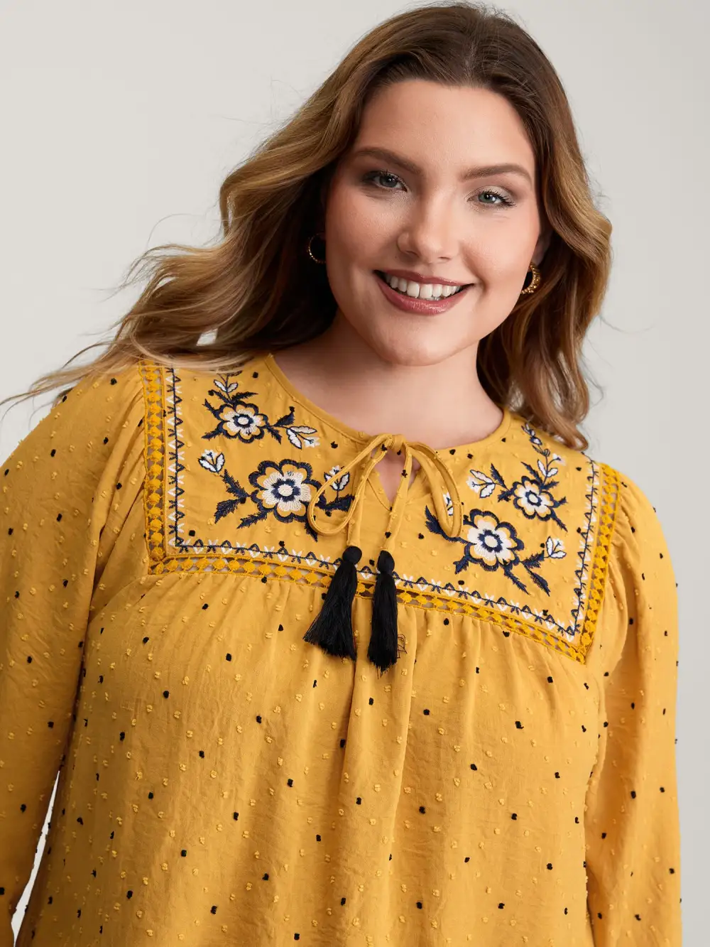 Textured Dot Embroidered Tassel Flowy Blouse