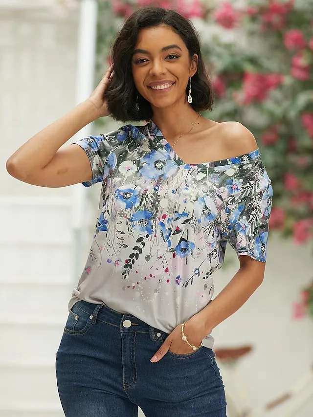 Women's T shirt Tee Floral Holiday Weekend Print Pink Short Sleeve Basic V Neck
